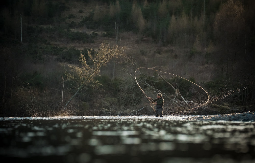 Spey casting River Dee in Scotland - salmon fishing Woodend beat near to Banchory